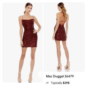 MacDuggal Sequin Mini Spaghetti Strap Criss Cross Back Burgandy Dress NWT